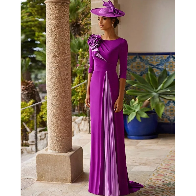 A-Line Mother of the Bride Evening Gown Elegant Dress Formal Floor Length 3/4 Length Sleeve Jewel Neck Fall Wedding Guest Stretch Crepe with Shouder Flower