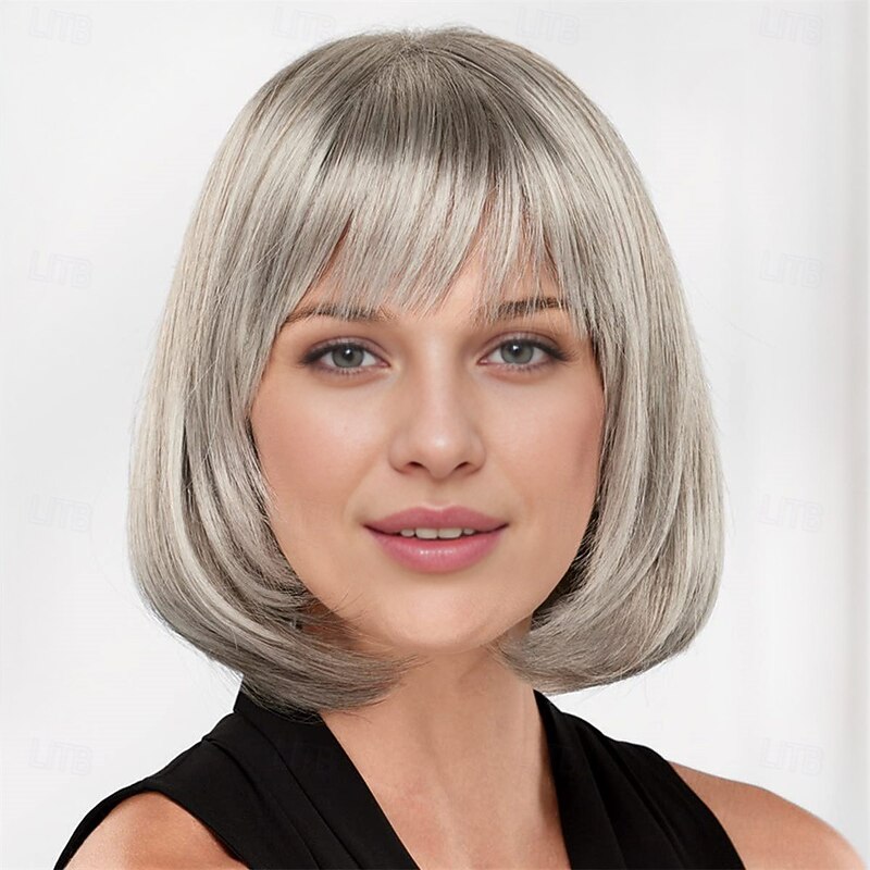 Chin-Length Bob Wig with Natural Looking Crown and Flirty Bangs/Multi-tonal Shades of Blonde Silver Brown and Red