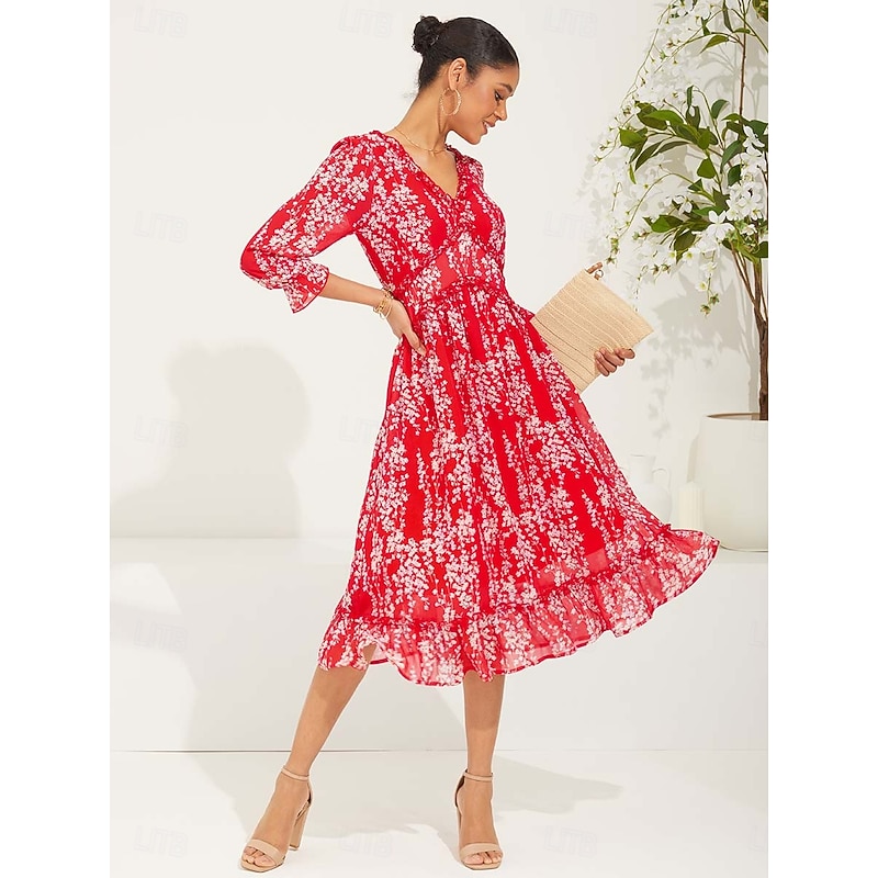 Women's Maxi Dress Swing Dress Elegant Cute Stylish Split Sleeve Vacation Regular Fit Floral Long Sleeve V Neck Red Summer Spring2