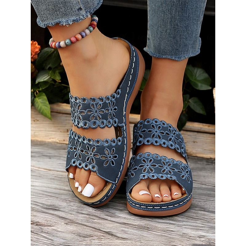 Women's White Slip-On Sandals with Floral Cut-Out Design Comfortable Sole and Casual Style for Summer Wear and Daily Outings4