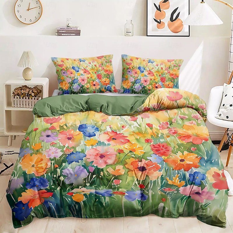 100% Cotton Colorful Ink Flower 3-Piece Duvet Set for Hotel Bedroom Guest Room Hotel Bedding Comfy Set 1 Duvet Cover 2 Pillowcases Bed Set2