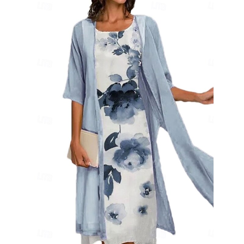 Women's Dress Set Casual Dress Elegant Fashion Floral Print Asymmetrical Midi Dress Long Sleeve Crew Neck Outdoor Vacation Blue Purple Dark Blue Summer Spring Regular Fit4