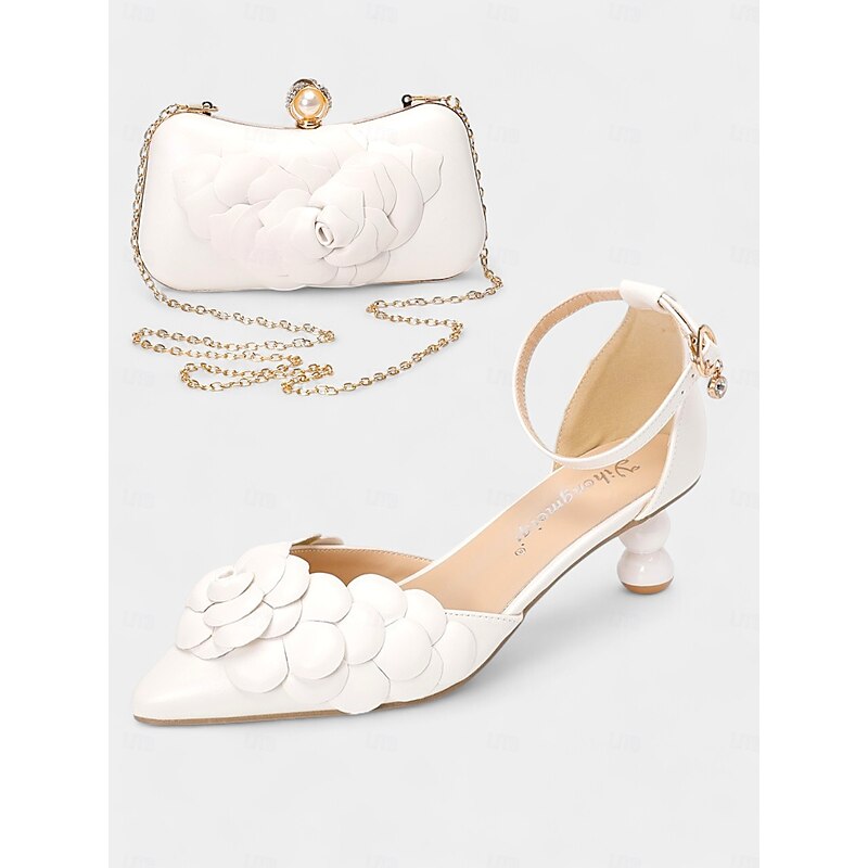 White Floral-Embellished Bridal Shoes with Matching Clutch – Elegant Wedding Set for Women