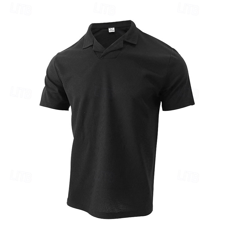 Men's Golf Shirt Waffle Knit Polo Shirt Business Active Cuban Collar Short Sleeve Fashion Modern Solid Color Buttons Summer Spring Regular Fit Black White Blue Khaki Gray Golf Shirt4