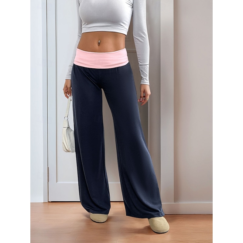 Women's Wide Leg Chinos Fashion Streetwear Full Length Low Waist Plain Elastic Waistband Comfy Soft Comfortable Micro-elastic Outdoor Street Navy Blue Spring Fall Regular Fit