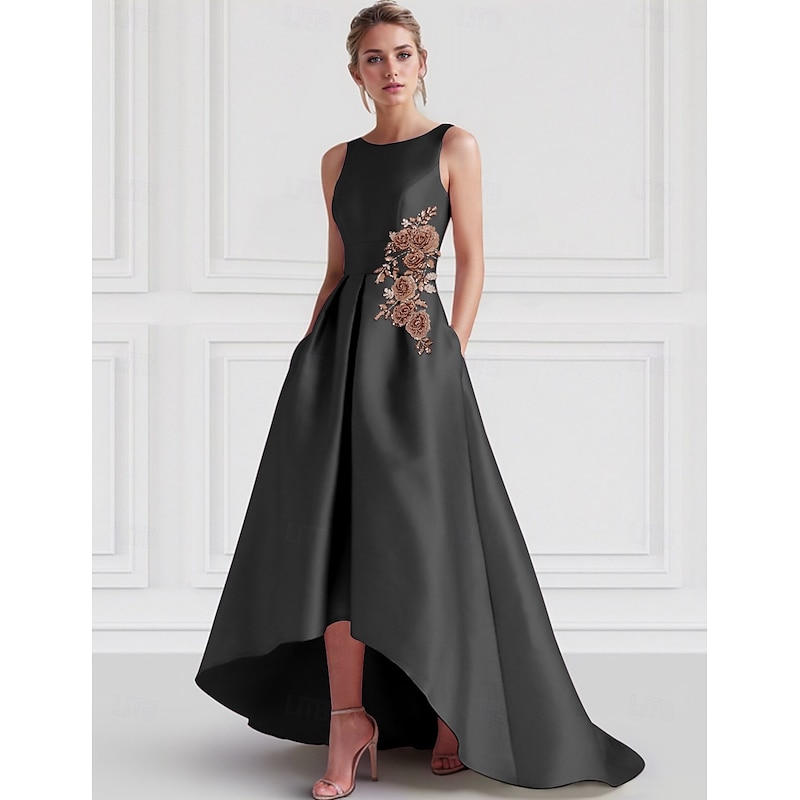 A-Line Floral Satin Evening Gown Elegant Dress Formal Wedding Guest Asymmetrical Sleeveless with Embroidery Appliques Dresses
