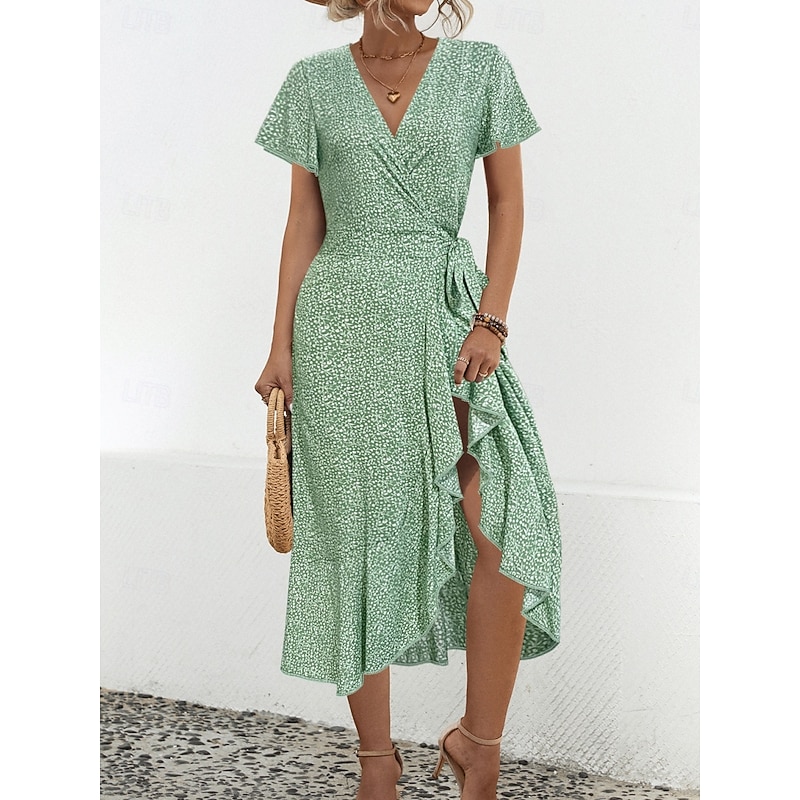 Women's Midi Dress Casual Dress Wrap Dress A Line Dress Stylish Casual Vacation Daily Regular Fit Floral Short Sleeve V Neck Green Summer