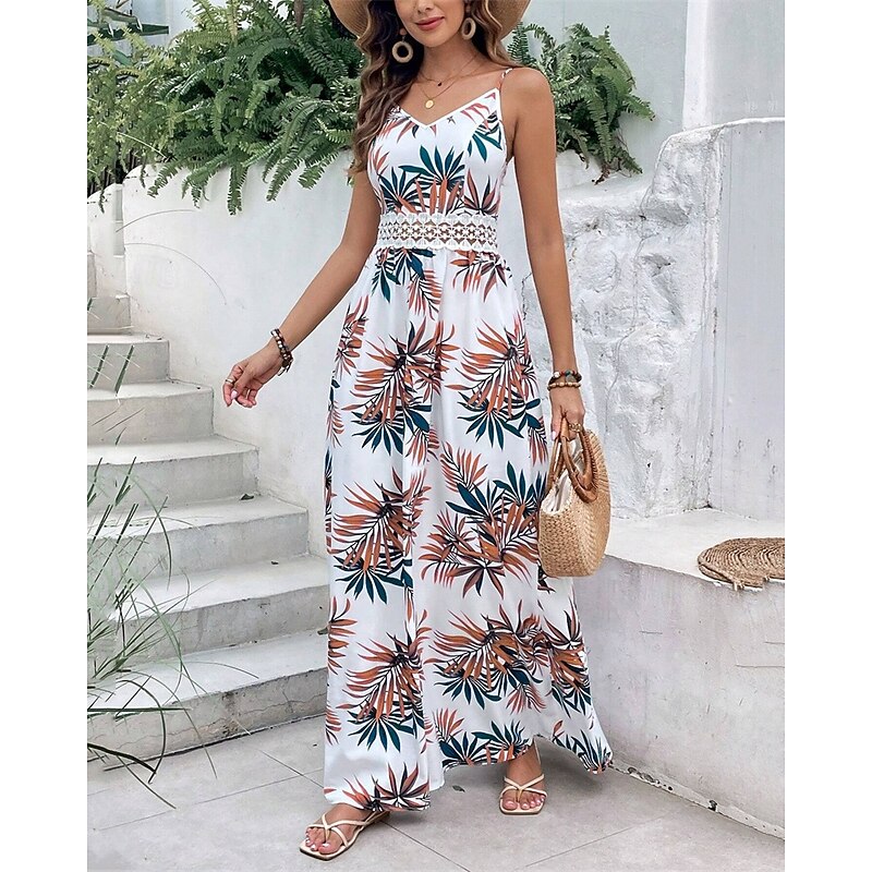Women's Maxi Dress A Line Dress Floral Dress Summer Dress Cami Dress Elegant Stylish Vacation Daily Date Regular Fit Floral Sleeveless V Neck White Summer4