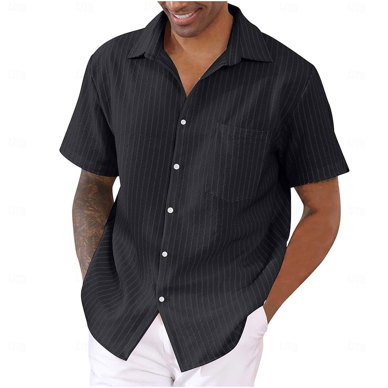 Men's Shirt Summer Shirt Striped Shirt Button Up Shirt Black White Pink Blue Purple Short Sleeve Striped Collar Vacation Daily Clothing Apparel Fashion Casual Comfortable4