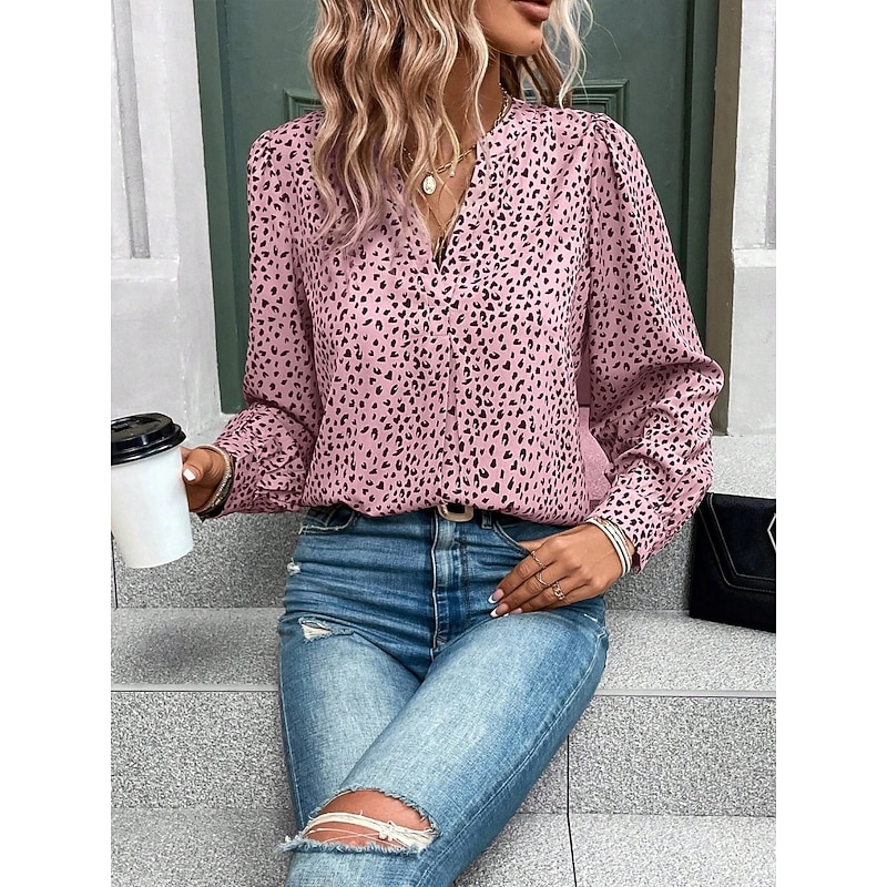 Women's Shirt Blouse Leopard Stylish Casual Long Sleeve Notched Neck Regular Tops Daily Print White Pink Summer Spring
