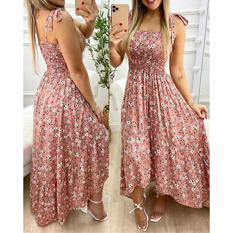 Women's Long Dress Maxi Dress A Line Dress Floral Dress Summer Dress Cami Dress Elegant Stylish Vacation Daily Date Regular Fit Floral Sleeveless Square Neck Yellow Pink Red Dark Blue Summer2