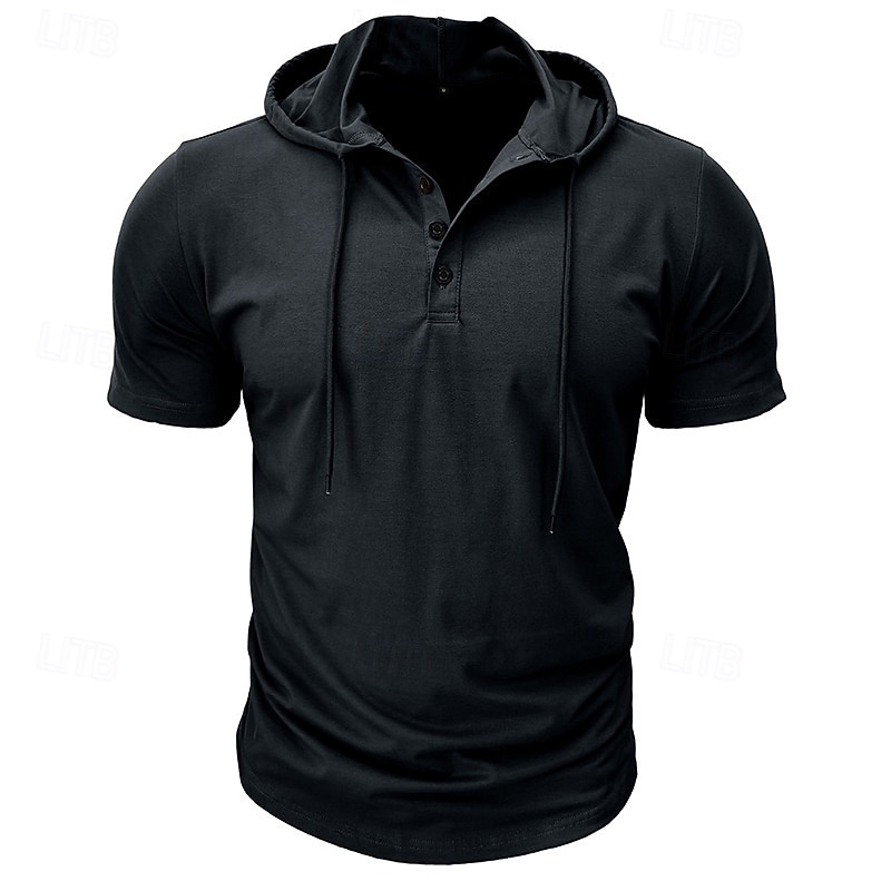 Men's T Shirt Short Sleeve Hooded Spring & Summer Sports Fashion Daily Buttons Drawstring Outdoor Dailywear Causal Black White Green Top Tee for Men2