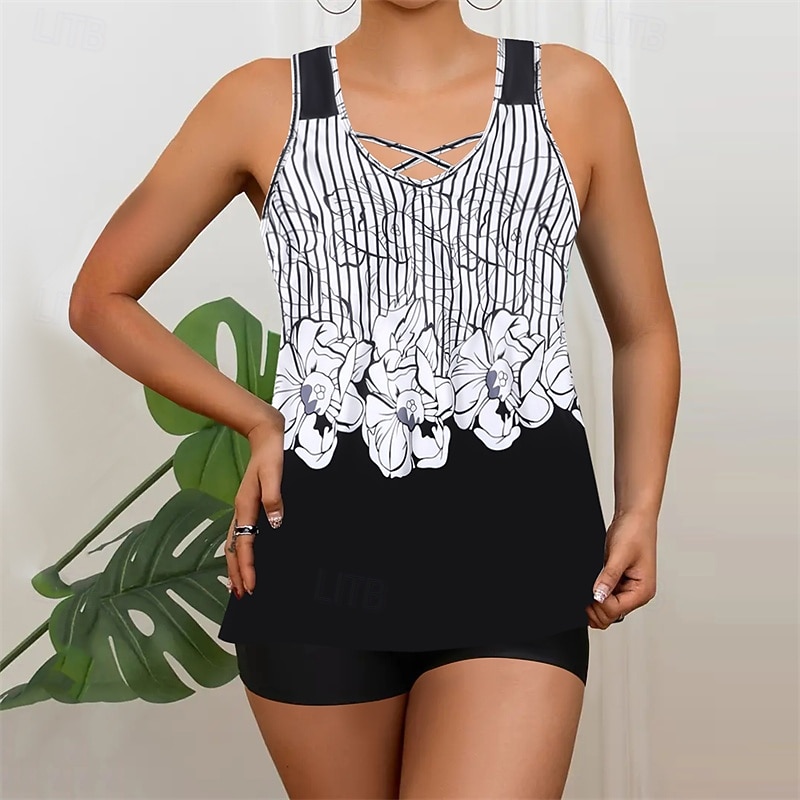 Women's Tankini Two Piece Swimsuit V Neck Swimwear Swimwear White Blue Breathable Quick Dry Lightweight Sleeveless - Swimming Surfing Beach Summer Spring4