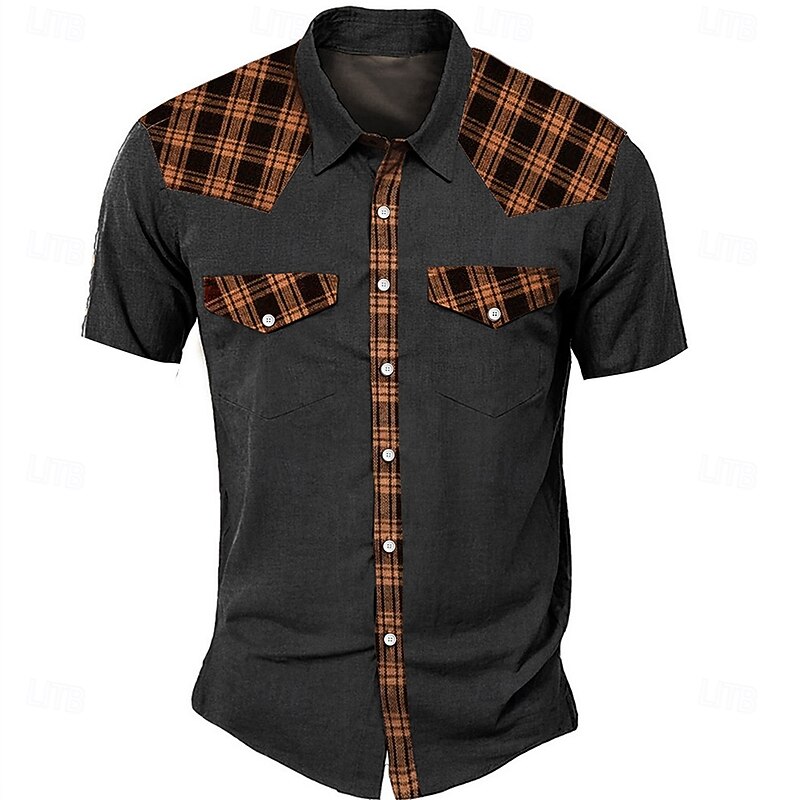 Men's Geometic Western Shirt Short Sleeve Western Sports Outdoor Summer Turndown Button Up 2 Pockets Black Beige2