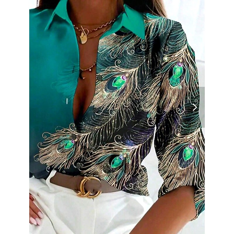 Women's Shirt Button Down Tunic Shirt Collar Long Sleeve Graphic Feather Daily Stylish Long Tops Daily Holiday s Print Green Spring2