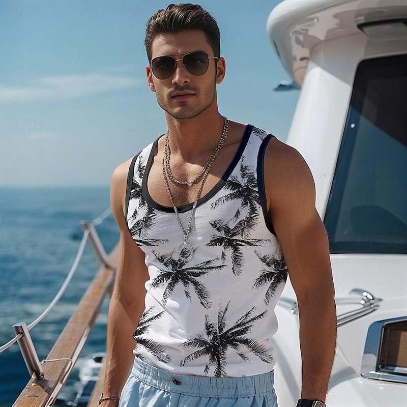 Men's Coconut Palm T Shirt Vest Top Sleeveless T shirt 3D Print Crew Neck Shirt Vacation Casual Hawaiian Holiday Black Yellow Blue Summer Spring Clothing Apparel S M L XL XXL XXXL