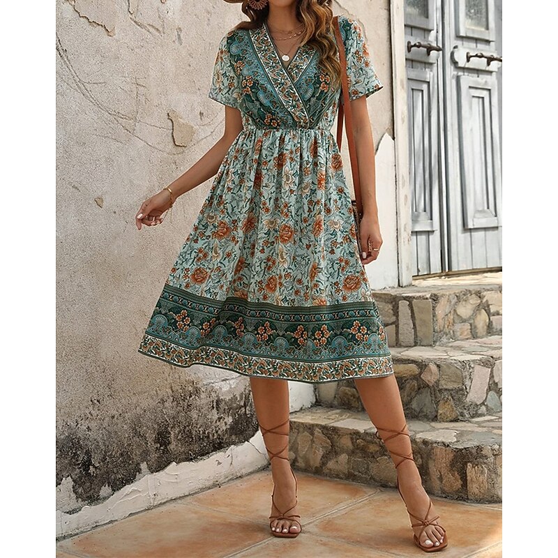 Women's Long Dress Maxi Dress Casual Dress A Line Dress Summer Dress Boho Dress Elegant Hawaiian Stylish Vacation Daily Date Regular Fit Floral Short Sleeve V Neck Green Summer4
