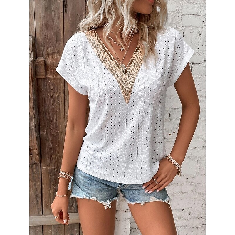 Women's White Elegant Lace Tops Eyelet Blouse Basic Casual Plain Regular Tops Short Sleeve V Neck Lace Patchwork Regular Fit Daily Weekend Romantic Petite Tops Summer Holiday Wear White Pink Summer
