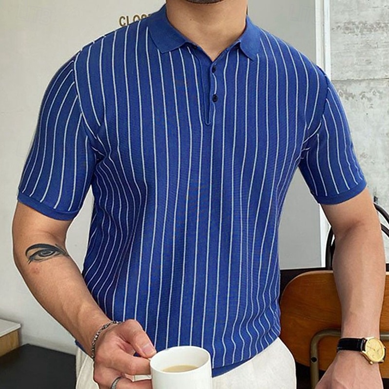 Men's Button Up Polos Golf Shirt Casual Sports Lapel Short Sleeve Fashion Basic Stripes Patchwork Buttons Summer Blue Button Up Polos