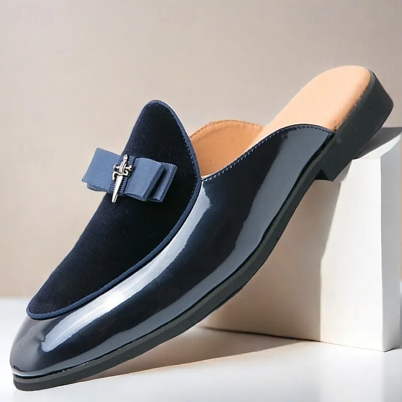 Men's Velvet and Patent Leather Mule Loafers – Slip-On Design with Decorative Bow for Formal and Evening Events