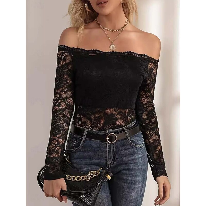Women's Blouse Casual Long Sleeve Off Shoulder Regular Tops Lace claret Black Summer Spring2