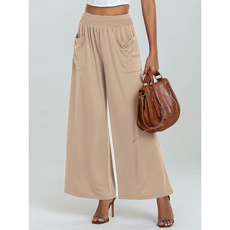 Women's Wide Leg Chinos Fashion Streetwear Full Length High Waist Plain Pocket Elastic Waistband Comfy Soft Comfortable Micro-elastic Outdoor Street Apricot Fuchsia Summer Spring Regular Fit