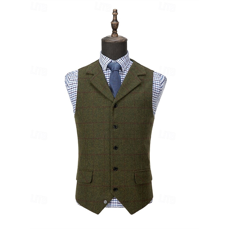 Men's Vest Gilet Suede Vest Vacation Daily Date Fashion Casual Spring &  Fall Buttons Pocket Polyester Comfortable Plaid Single Breasted One-button Lapel Regular Fit Dark Brown Black Navy Blue Green3