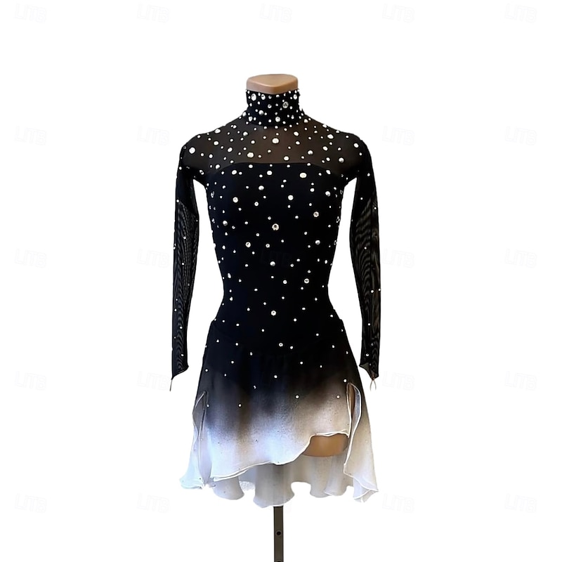 Figure Skating Dress Women's Girls' Ice Skating Dress Black Thumbhole Halo Dyeing High Elasticity Professional Competition Skating Wear Thermal Warm Crystal / Rhinestone Long Sleeve Ice Skating2