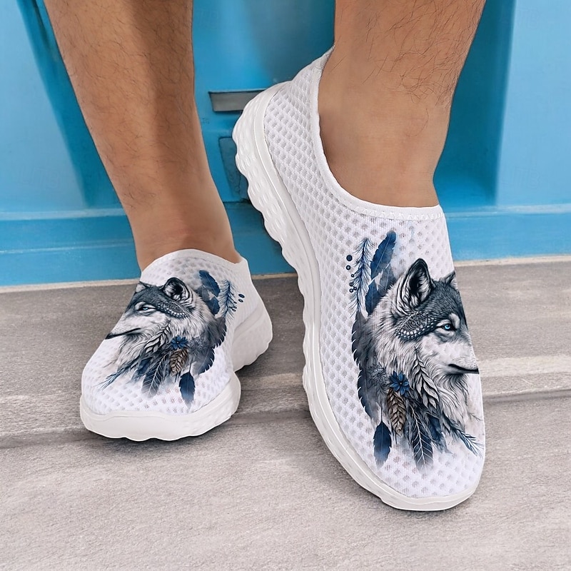 Men's Wolf Print Breathable Mesh Sneakers - Lightweight Casual Athletic Shoes for Fitness and Outdoor Activities3
