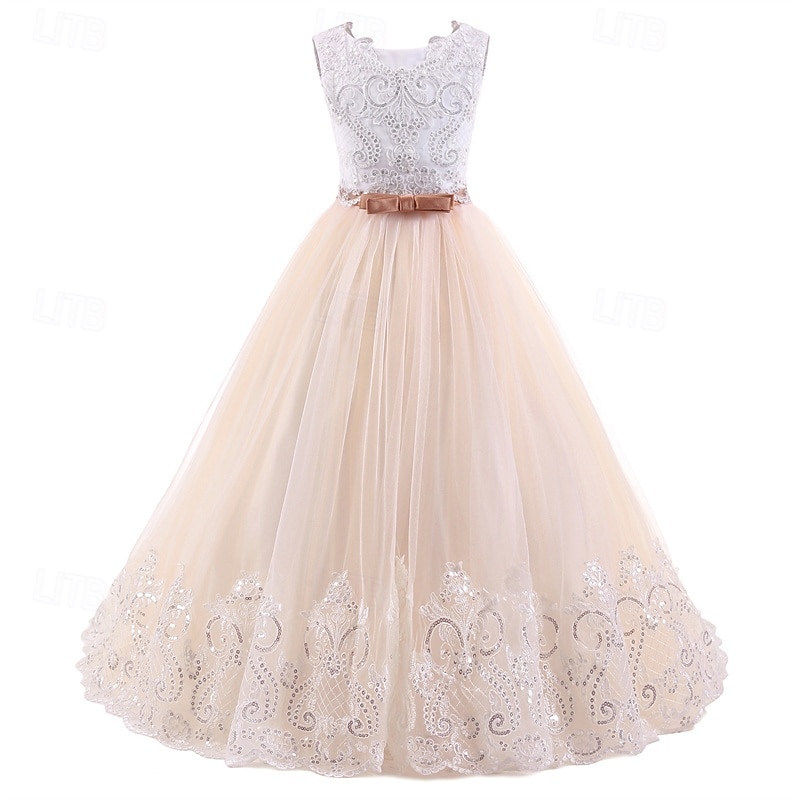 Flower Girl Dress Kid's Girls' Princess Dress Performance Wedding Party Elegant Beautiful Lace Mesh Solid Color Sleeveless Crew Neck Light Yellow Light Pink 4 years+3