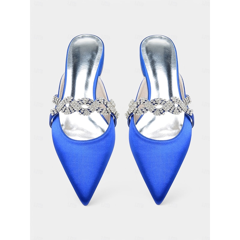Blue Satin Pointed-Toe Mule Heels with Rhinestone Detailing - Women's Evening Wedding and Party Shoes