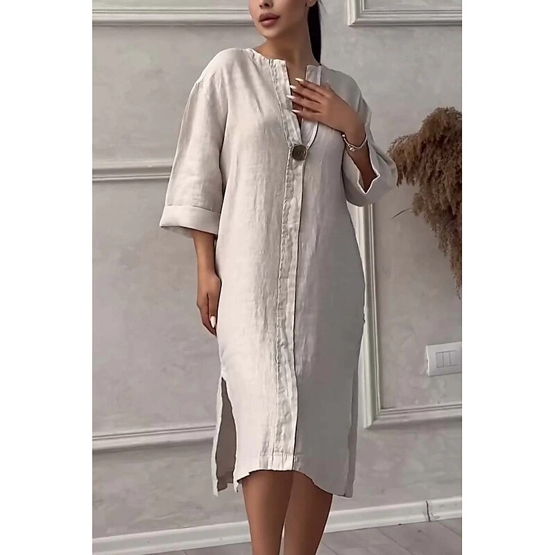 Women's Long Dress Maxi Dress Linen-Inspired Dresses Cotton Linen Dress Hawaiian Regular Fit Solid Color Long Sleeve Crew Neck Light Blue Apricot Summer Spring