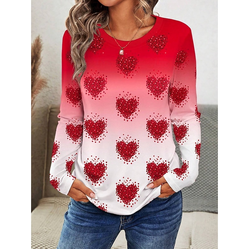 Women's T shirt Crew Neck Long Sleeve Tunic Ombre Heart Casual  Regular Tops Daily Print Red Spring Fall
