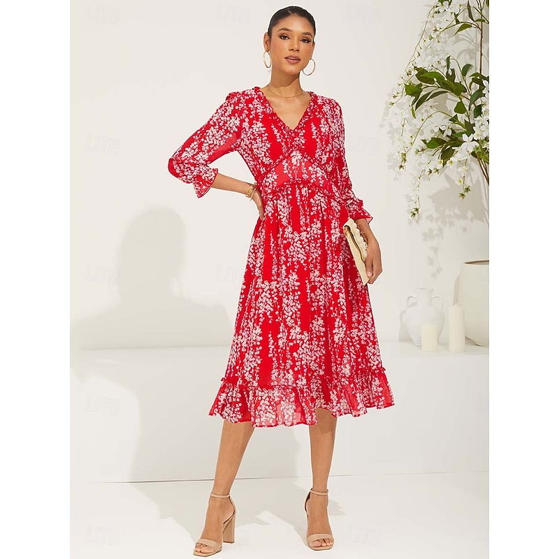 Women's Maxi Dress Swing Dress Elegant Cute Stylish Split Sleeve Vacation Regular Fit Floral Long Sleeve V Neck Red Summer Spring4