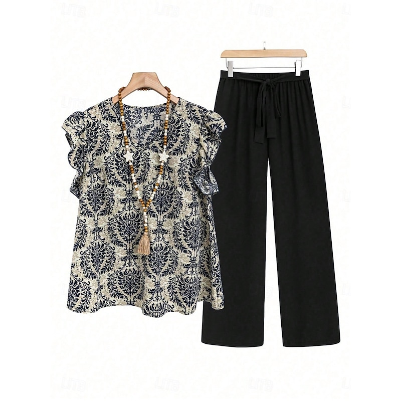 Women's Bohemia Daily Blouse Wide Leg Pants Sleeveless V Neck Floral Ruffle Print Casual Daily Black Brown Summer Regular Fit