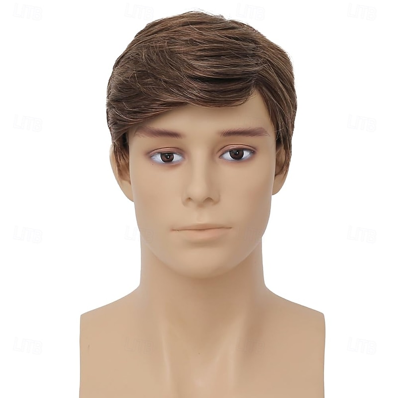 Mens Short Brown Wig Layered Fluffy Synthetic Hair Male Wigs Daily For Carvinal