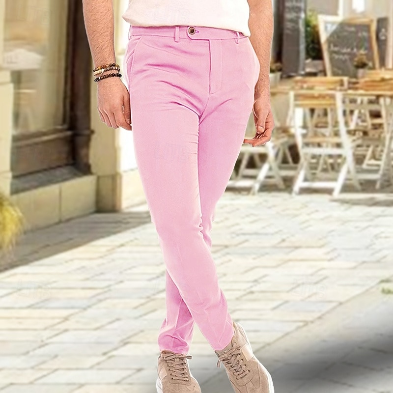 Men's Dress Pants Trousers Chinos Buttons Pocket Plain Comfort Formal Party Work Fashion Classic Style Yellow Pink Micro-elastic3