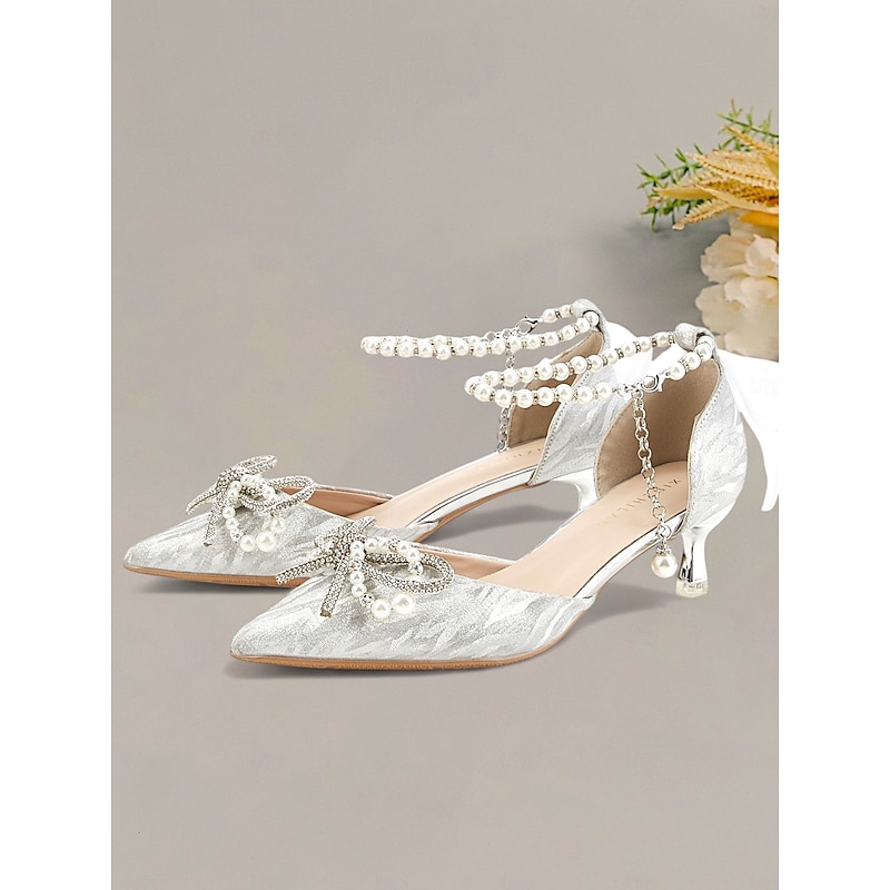 Silver Glitter Pointed-Toe Kitten Heels with Pearl Anklet and Bow Accents for Women - Stunning Wedding Shoes