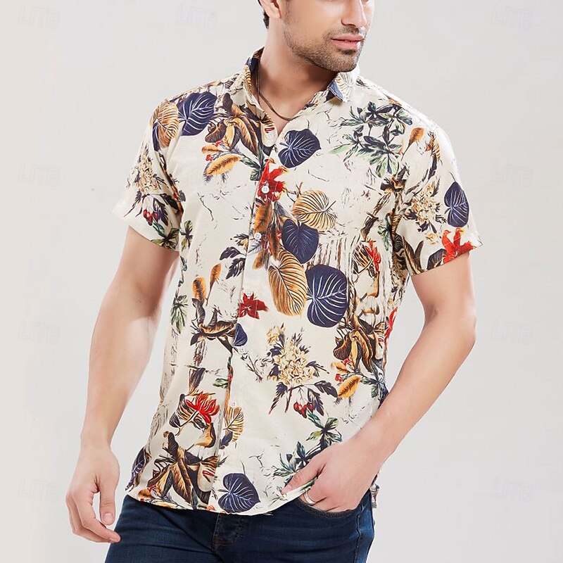 Men's Floral Tropical Plants Flowers Summer Hawaiian Shirt Aloha Shirt Short Sleeve Hawaiian Resort Vacation Holiday Beach Wear Summer Spring Turndown Button Up Beige2