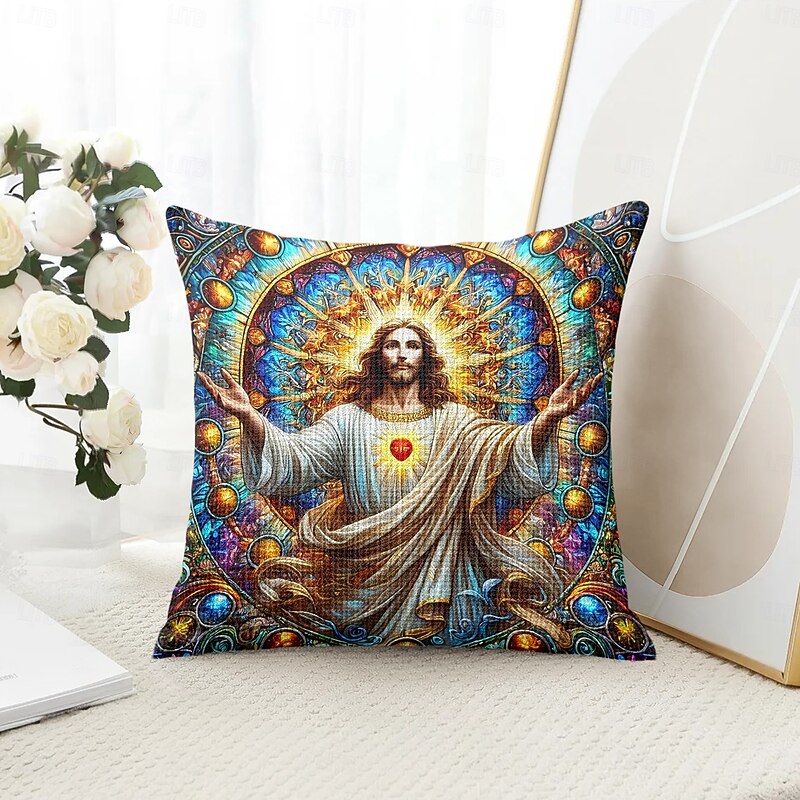 Easter Decorative Toss Pillows Cover 1PC Jesus Stained Glass Effect Soft Square Couch Cushion Case Pillowcase for Bedroom Livingroom Sofa Chair
