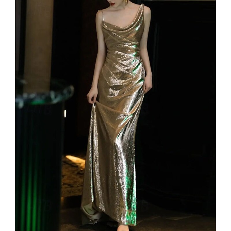 Sheath / Column Prom Dresses Glittering Dress Formal Wedding Floor Length Sleeveless Cowl Neck Polyester with Glitter