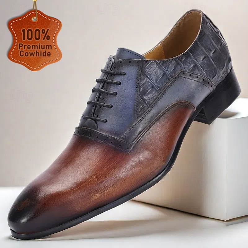 Men's Two-Tone Leather Oxford Shoes – Premium Cowhide with Crocodile Pattern, Lace-Up Design for Formal Business and Special Occasions