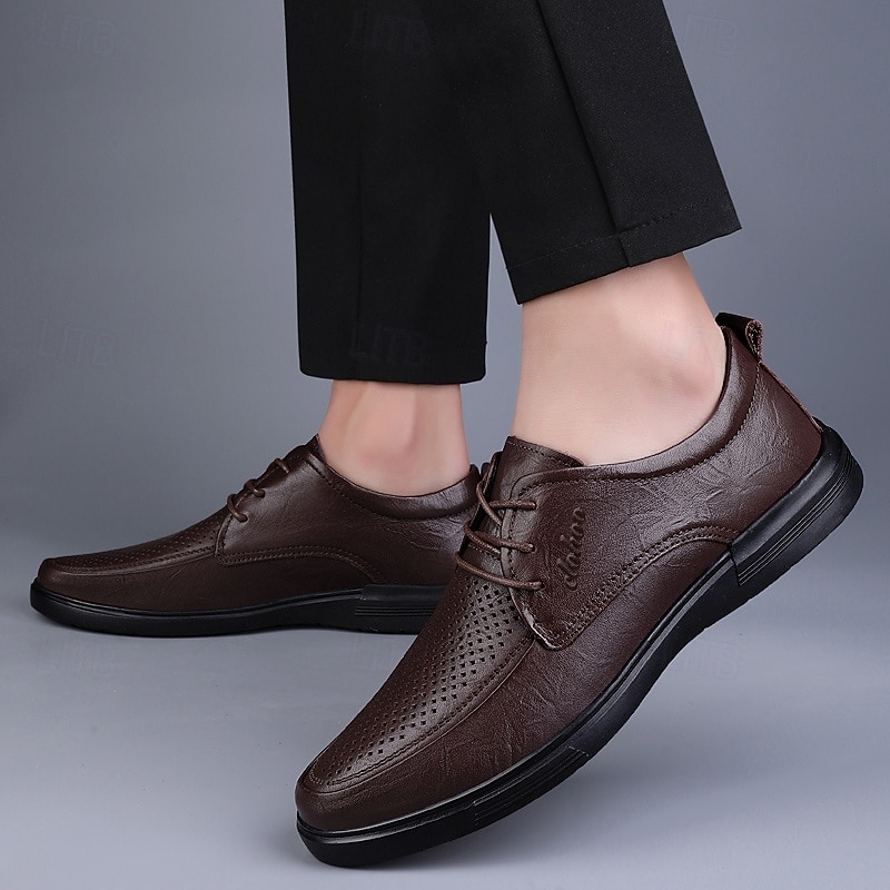 Men's Brown Perforated Leather Lace-Up Shoes – Stylish Casual and Business Shoes for Everyday Wear4
