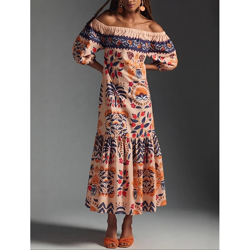 Women's Maxi Dress Casual Dress Boho Chic Dresses Boho Dress Bohemia Cute Stylish Vacation Daily Beach Loose Fit Graphic Long Sleeve Off Shoulder Orange Summer Spring3