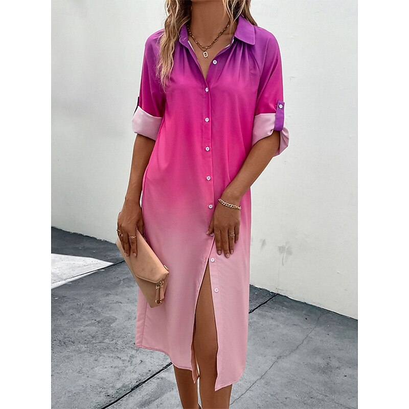 Women's Midi Dress Shirt Dress Casual Dress Stylish Casual Vacation Daily Regular Fit Ombre Long Sleeve Shirt Collar Pink Summer4