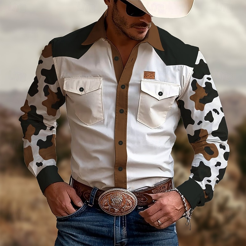 Men's Camouflage Western Shirt Long Sleeve Western Sports Outdoor Spring Fall Turndown Button Up 2 Pockets Blue Brown