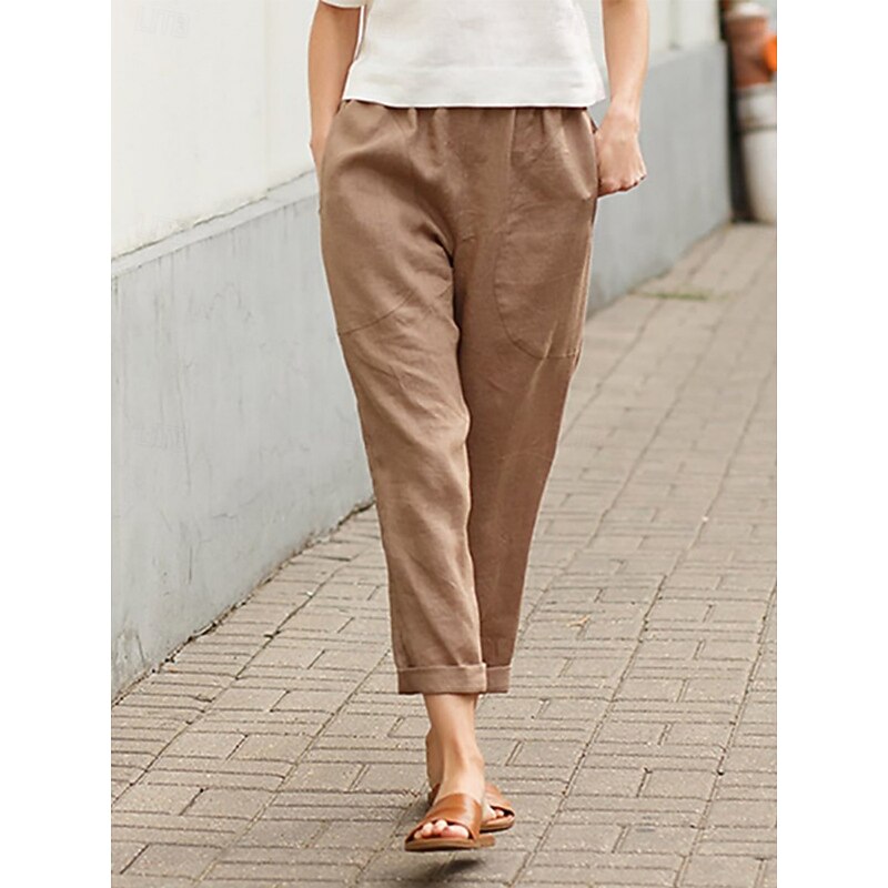 Women's Cotton Linen Pants Chinos Fashion Streetwear Full Length High Waist Plain Pocket Elastic Waistband Comfy Soft Comfortable Micro-elastic Outdoor Street White Red Khaki Summer Spring Regular Fit