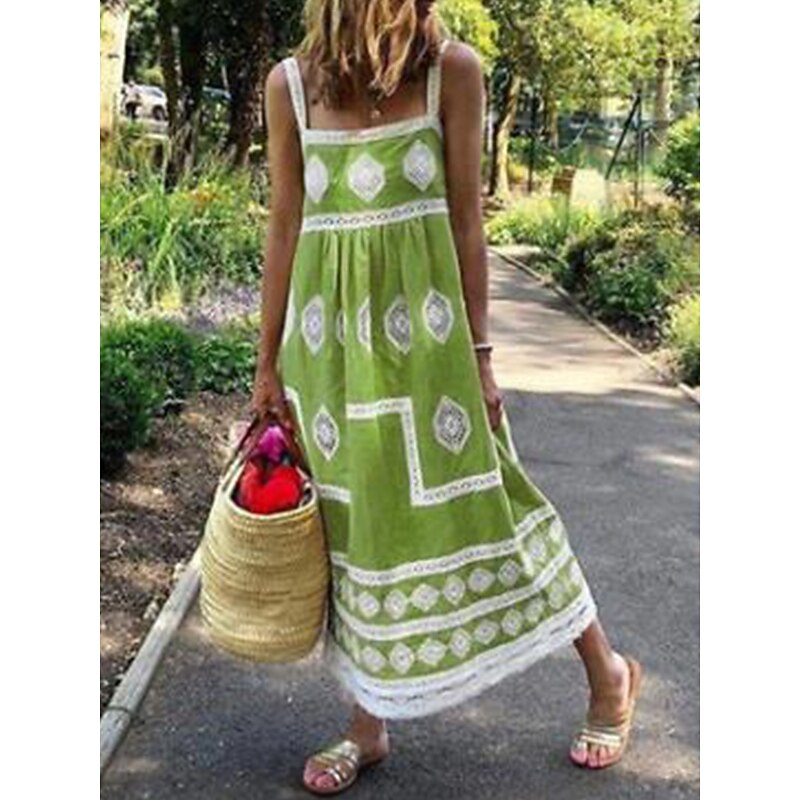 Women's Maxi Dress Casual Dress Boho Chic Dresses Boho Dress Bohemia Cute Stylish Vacation Daily Beach Loose Fit Graphic Sleeveless Square Neck Yellow Red Green Summer3
