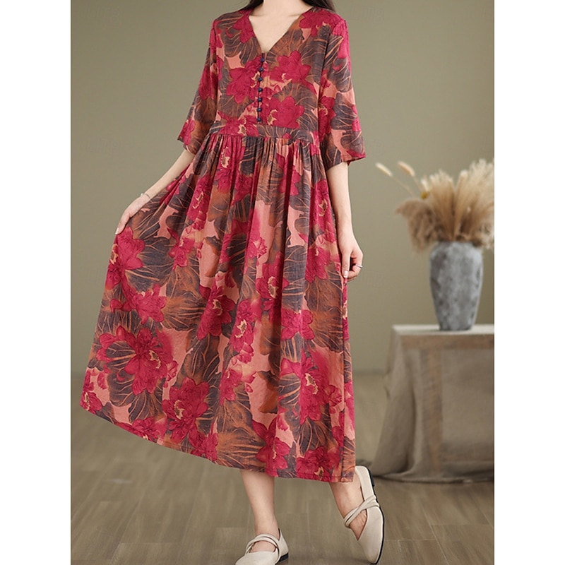 Women's Maxi Dress Cotton Linen Dresses Casual Dress Basic Casual Vacation Daily Regular Fit Floral Short Sleeve V Neck Red Summer