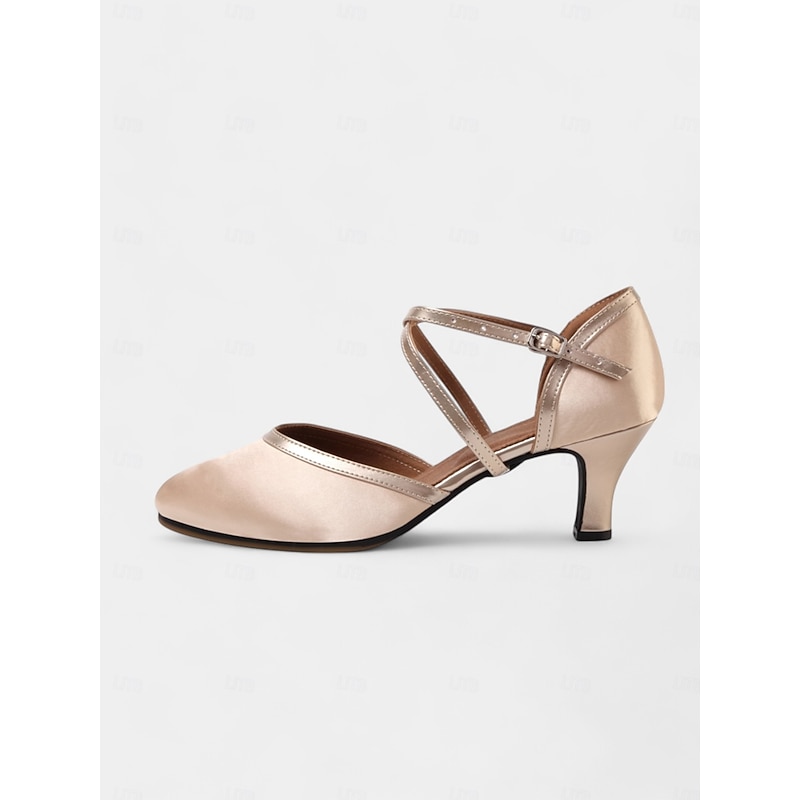 Champagne Satin Closed-Toe Dance Shoes with Cross-Strap Design for Women - Ideal for Ballroom and Social Dancing4